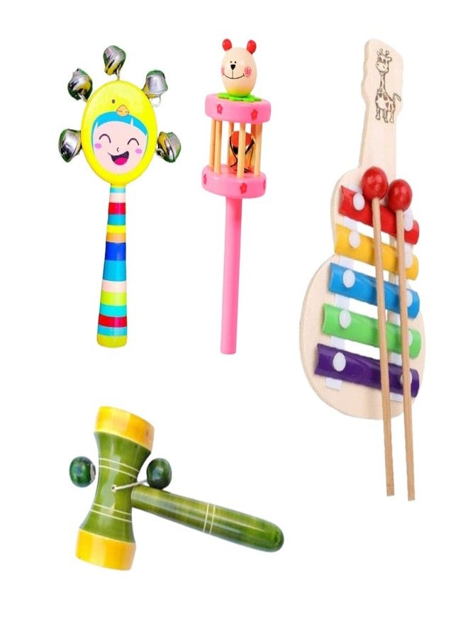 Little Mind Wooden Handcrafted Sound Making Rattles for Babies with 5 Note Xylophone Pack of 4 - Image 1